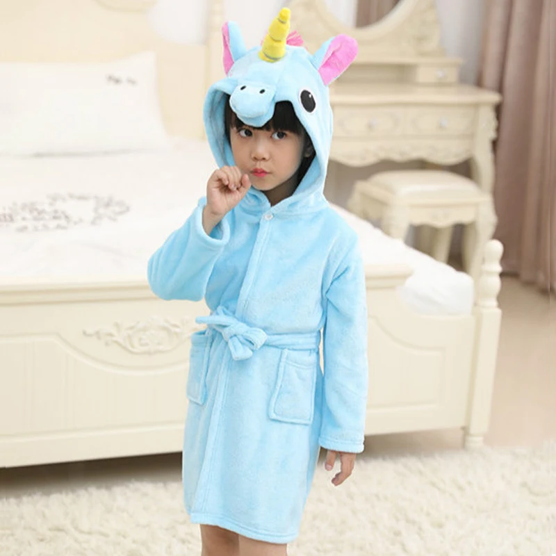 Кигуруми, детский халат, фланелевый, с капюшоном, детский банный халат, детский банный халат с единорогом, зимние пижамы с животными для мальчиков и девочек, детская одежда - Цвет: Blue unicorn