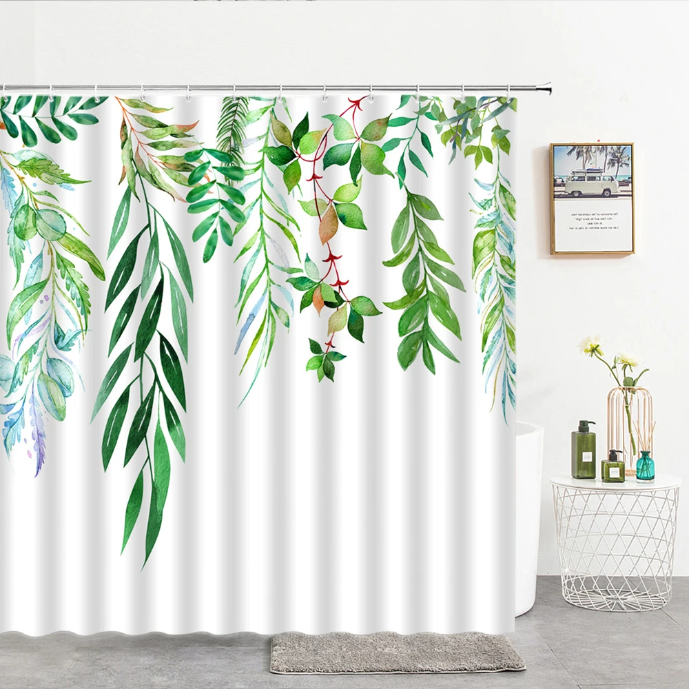 

Green Plants Leaves Shower Curtains Flowers 3d Bathroom Curtains Waterproof Decoration With Hooks Polyester Cloth Bath Screen