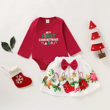 Одежда для маленьких девочек с надписью «My First Christmas» комбинезон с принтом рождественских букв для маленьких девочек, боди+ юбки с мультипликационным рисунком