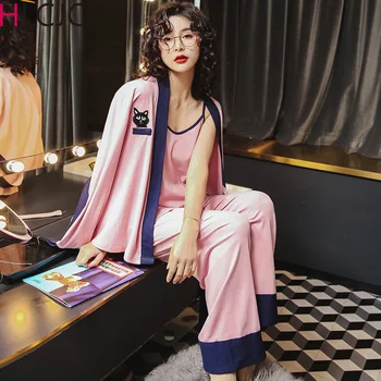 

2019 Cotton Robe & Gown Sets 3 Pieces Warm Winter Pajamas Sets Women Sexy Robe Sets Sleepwear Nightwear Homewear Pijama Mujer