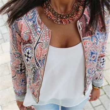

Plus Size Spring Women's Jackets Retro Floral Printed Coat Female Long Sleeve Outwear Clothes Short Bomber Jacket Tops XL W3