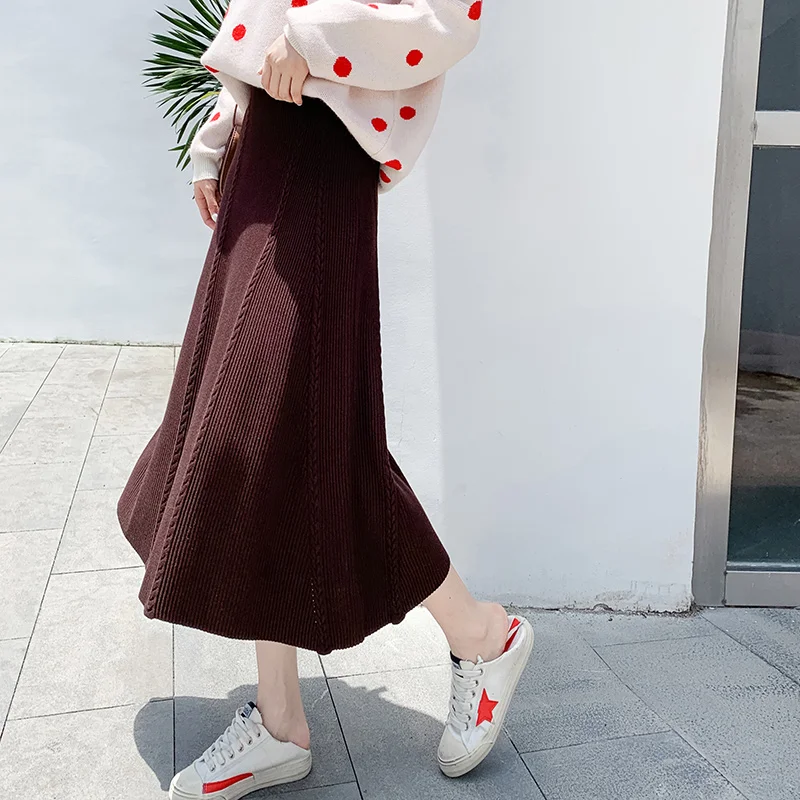 

2019 High Quality Knitted Skirts Women harajuku High Waist Autumn Winter Long Skirts Plus Size black Midi Skirt jupe femme