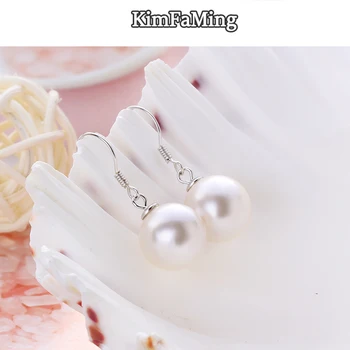 

Simple long women silver round 10mmpearl earrings party jewelry gift PE022