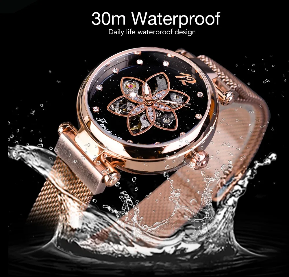 Forsining Ladies Watch Top Brand Luxury Female Watch Rose Gold Mesh Creative Diamond Flower Dial Mechanical Fashion Women Clock