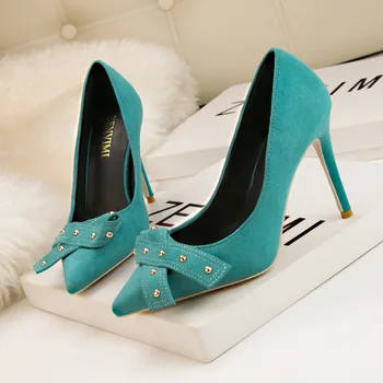 

QSR 10CM PUMPS Women's shoes Simple high-heeled suede rivet bow shoes sexy thin single shoes