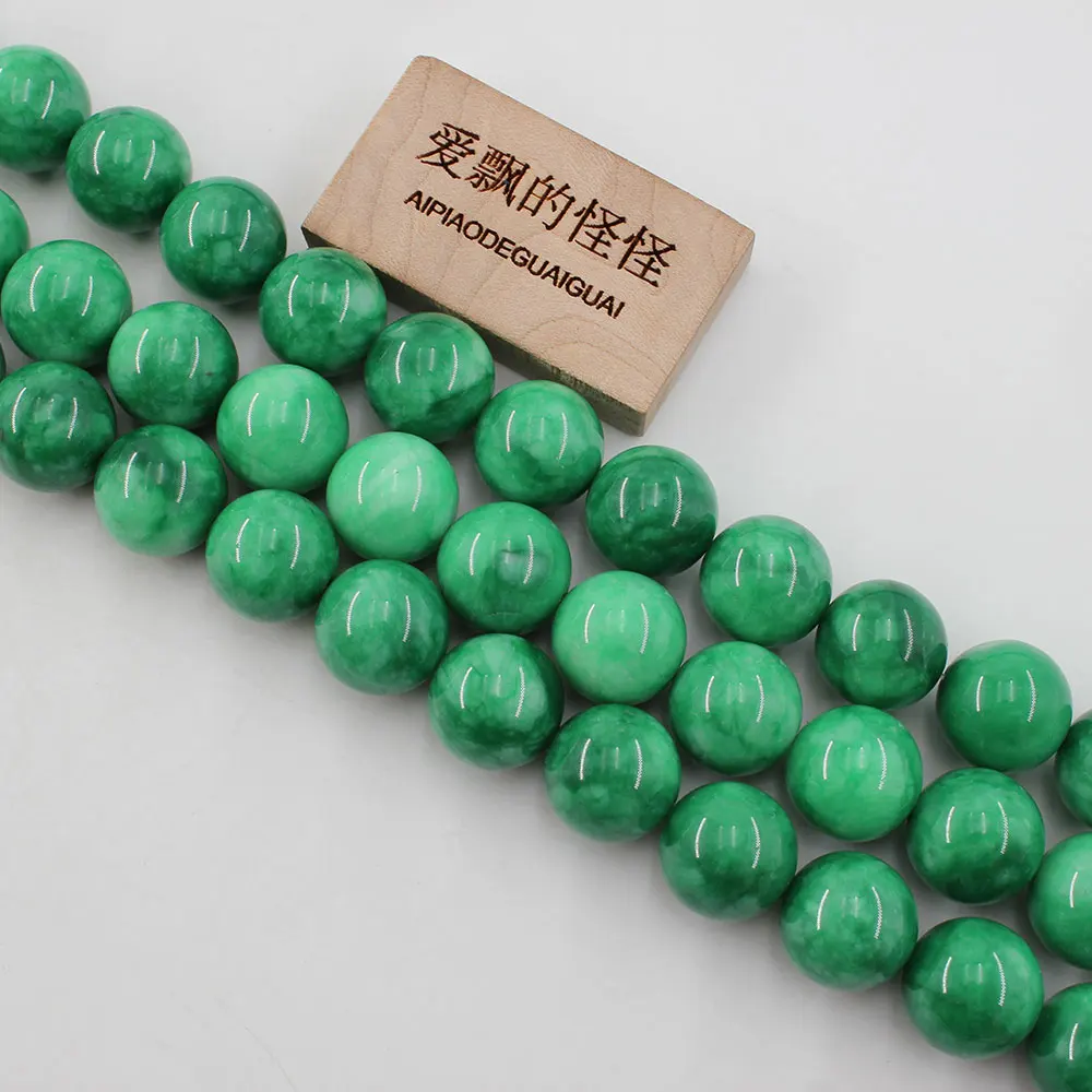 APDGG Natural Stone 14MM Smooth Round Green Jade Nephrite Loose Beads 15.5