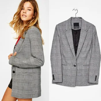

Spring New one buckle Plaid Women Blazer Pockets Jackets Female Retro Work Suits Coat Feminino Office Lady blazers Outerwear