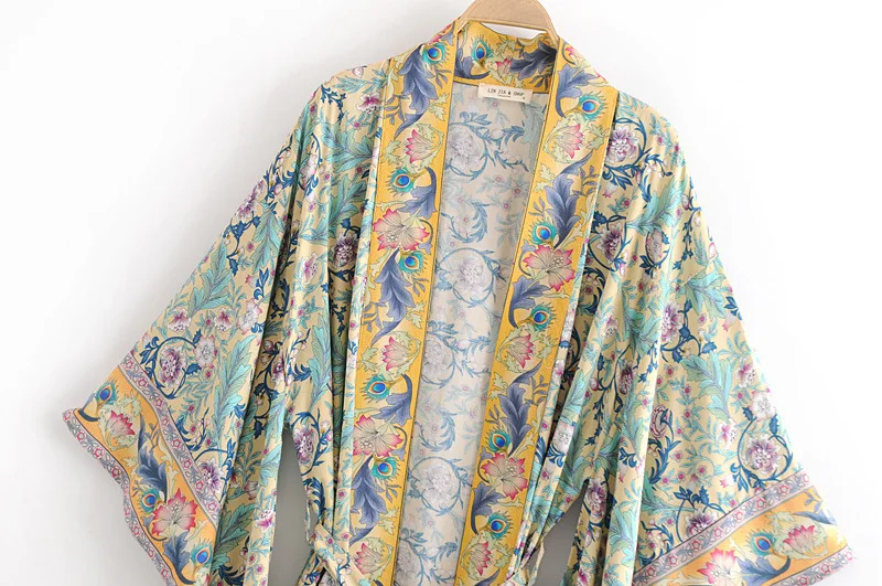 Boho Весна Лето Цветочные Свободные повседневные кимоно рукав пляжный топ Открытый Перед Макси кимоно галстук пояс рубашка блузка пляжная Женская