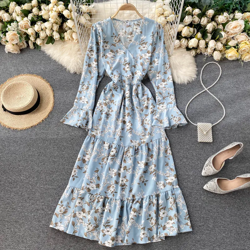 

Women Bellflower Autumn Dress New Female Elegant V-Neck Slim Mid-length Flare Sleeve Floral Print Maxi Vestidos GX1188