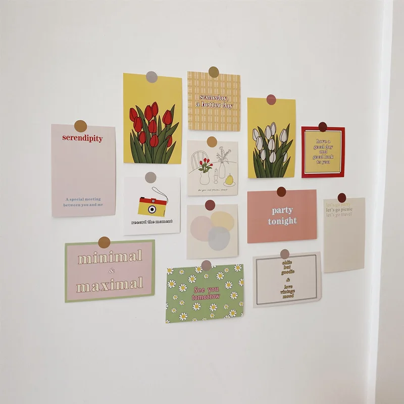 

13 Sheets Ins Tulip Decorative Card English Flower Geometric Color Block Postcard Diy Wall Sticker Photo Props Greeting Cards