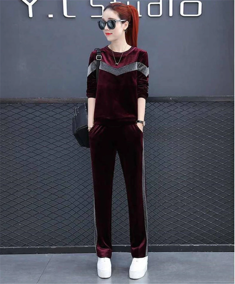 Ансамбль женский из 2 предметов, Pantalon Mom's casual, свободные бархатные спортивные костюмы для бега, Femme, весенне-осенние топы с круглым вырезом и штаны, комплекты 4XL