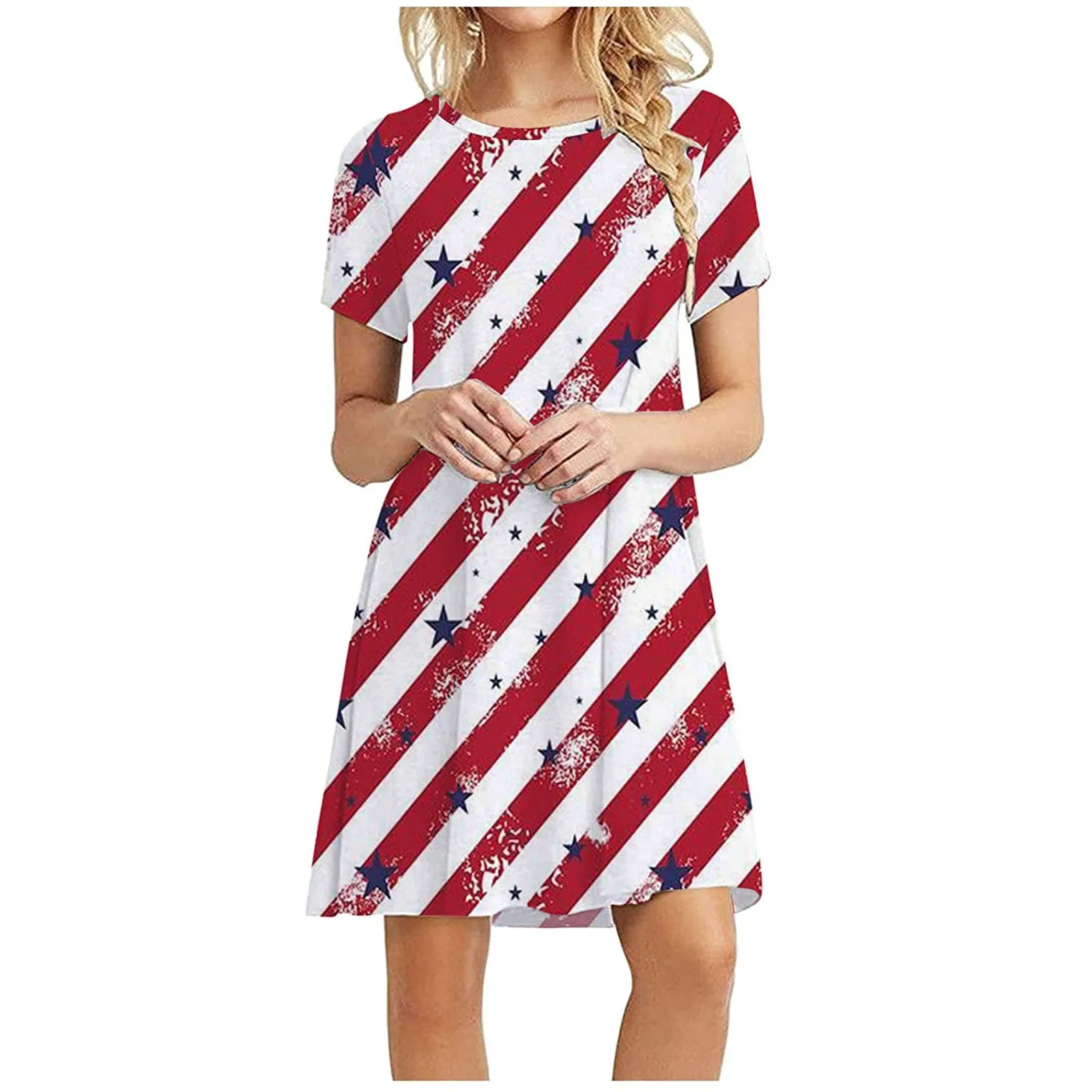 Dress Women's Summer Fashion Casual Short Sleeve Dress O-Neck Ladies Independence Day Printed Dress Vintage Vestido mujer femme 2