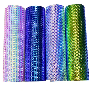 

3D Square Pattern Design Dichroic Metallic PU Holographic Embossed Faux Leather Fabric Sheet for Bag/Handbag/DIY Accessories