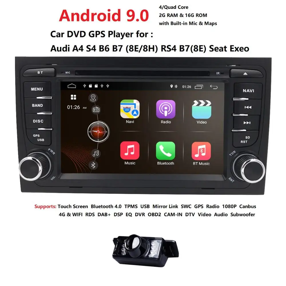 2Din Android 9,0 четырехъядерный автомобильный dvd-плеер для Audi A4 S4 RS4 8E 8H B6 B7 SEAT EXEO стерео, головное устройство навигации TPMS/DAB+/SWC/DVBT