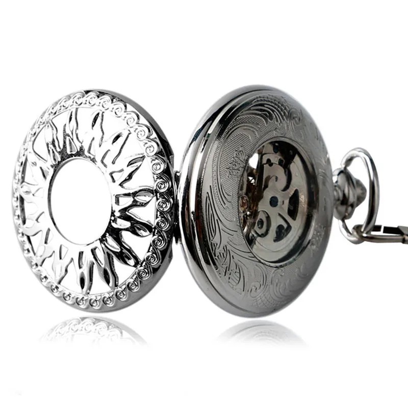Silver Skeleton Clock Men Women Automatic Mechanical Pocket Watch Hollow Sun Flower Roman Numeral Pendant Chain Relogio de bolso