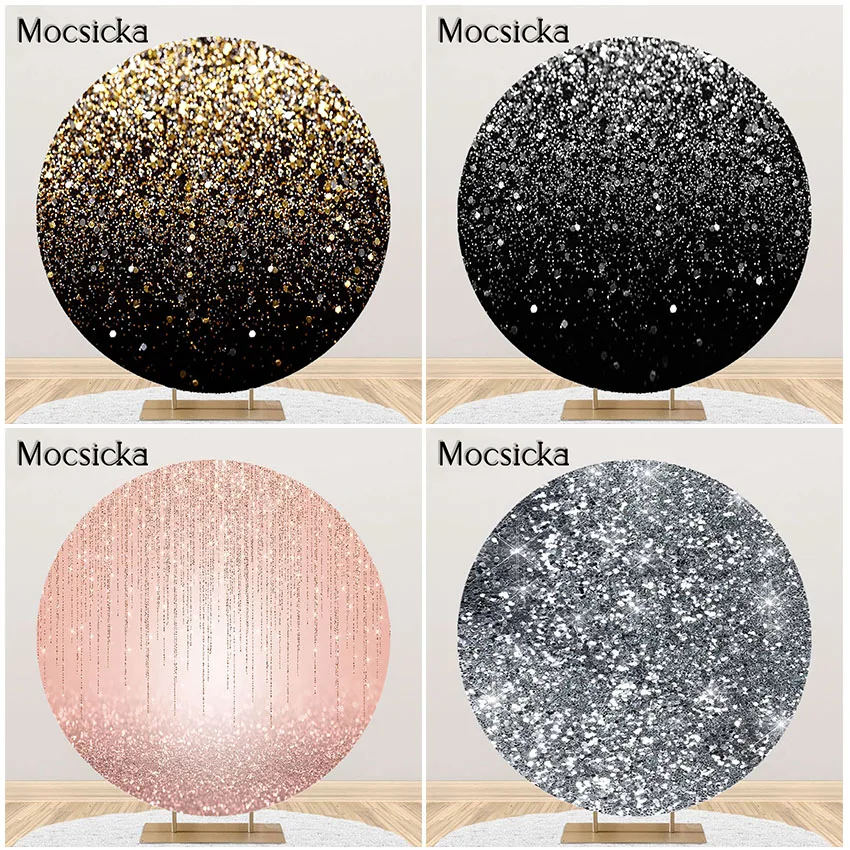 

Mocsicka Silver Gold Bokeh Black Backdrop Glitter Birthday Party Decoration Round Circle Cover Fabric Photocall Photoshoot