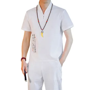 

cotton and linen men two-piece set White black blue khaki Summer mens retro t shirt and Ankle-Length pants large size s-5xl
