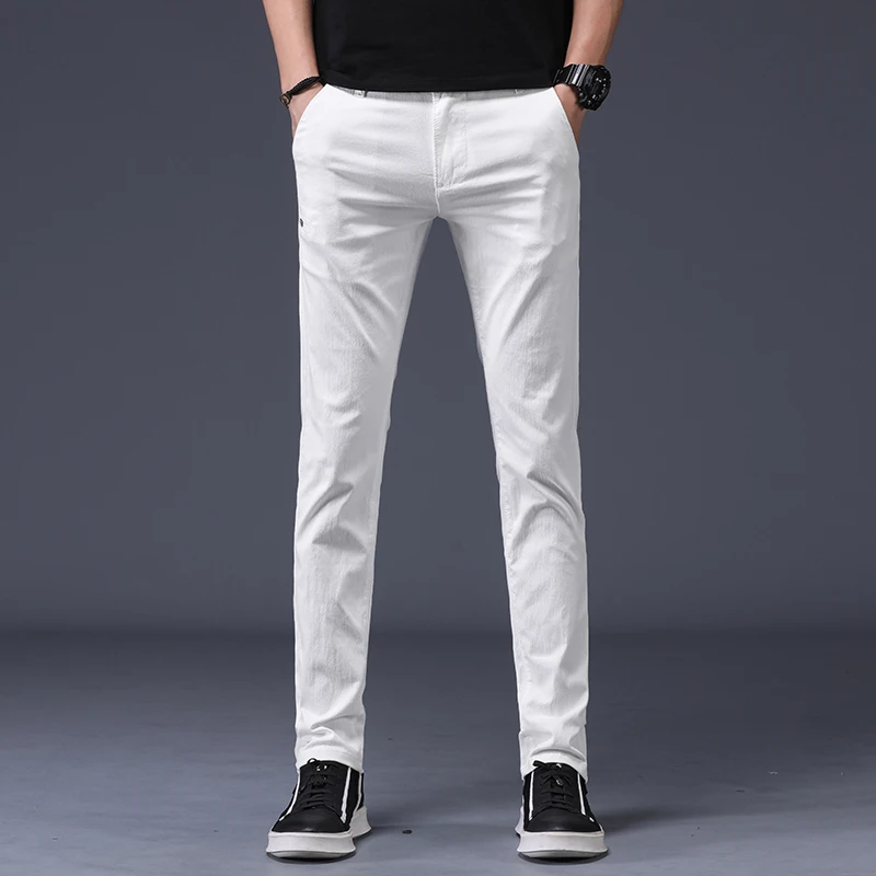 Новые мужские деловые повседневные брюки-карандаш, джоггеры, Стрейчевые ткани, корейские уличные штаны для скейтборда, простые хлопковые брюки, Pantalon Homme - Цвет: white