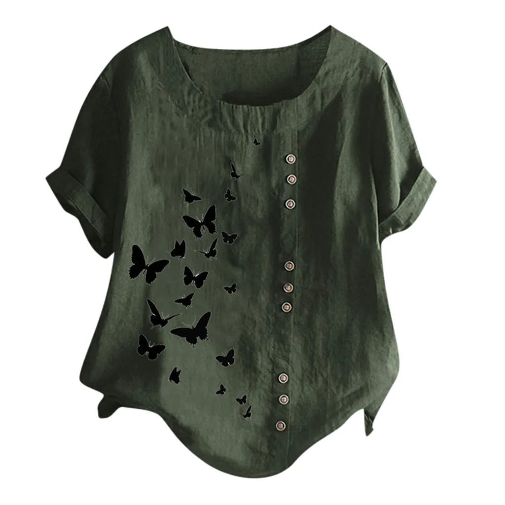 Feitong блузки женские повседневные Большие размеры o-образным вырезом с принтом бабочки свободная кнопка туника рубашка блузка Топы уличная