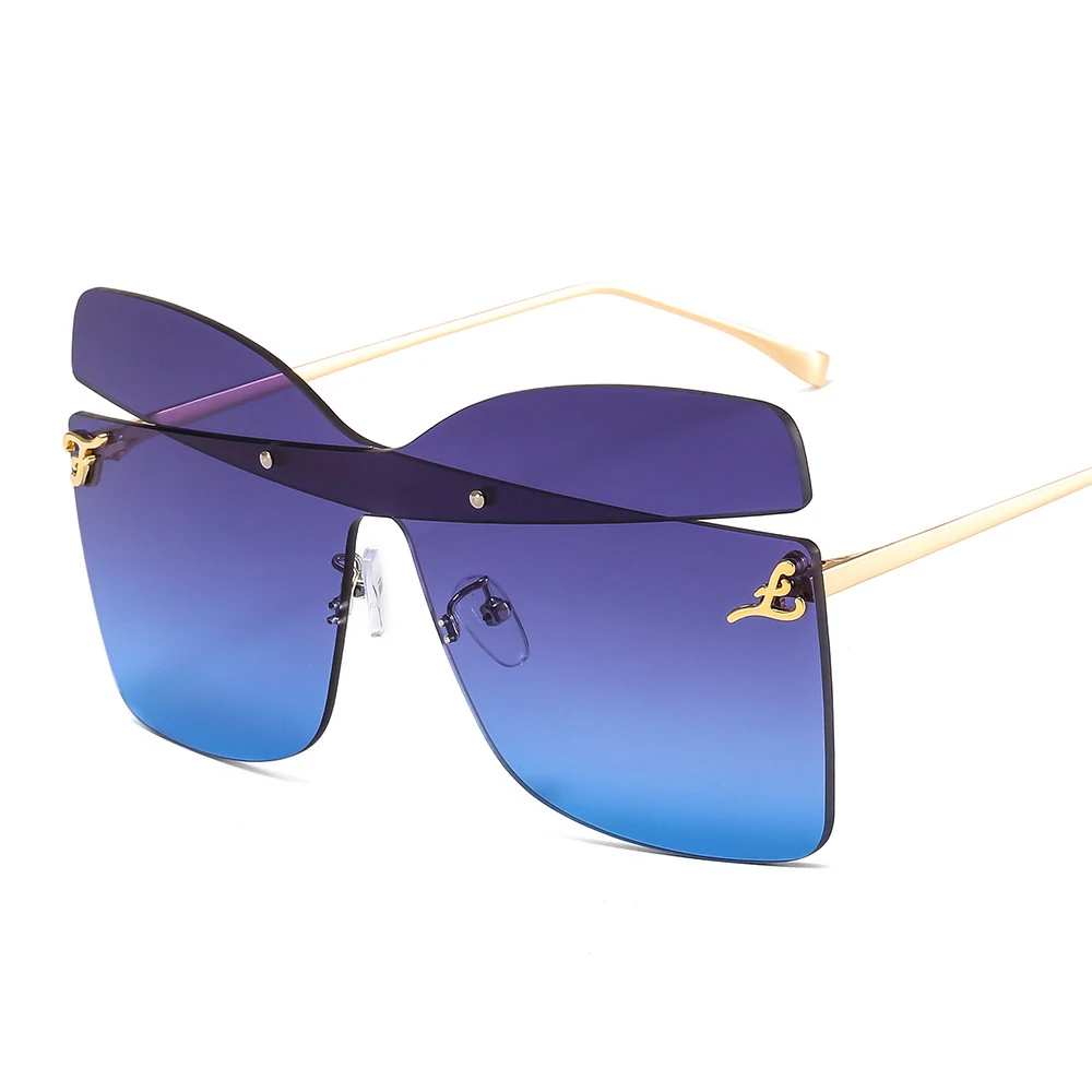 Роскошные негабаритные солнцезащитные очки для женщин, уникальный бренд, без оправы, дизайн, квадратный металл, женские и мужские солнцезащитные очки, специальная форма бабочки, UV400 - Цвет линз: C4 Gold DoubleBlue