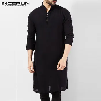 

INCERUN 2020 Mens Shirt Long Sleeve Cotton Stand Collar Solid Casual Men Long Shirt Pakistani Clothes Men Indian Suit 5XL