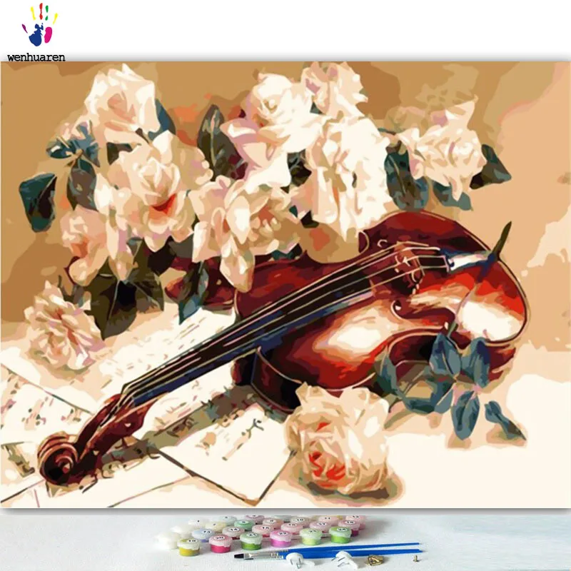 DIY картинки для раскраски по номерам с цветами скрипка и Цветы Картина Рисунок Живопись по номерам в рамке дома