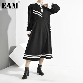 

[EAM] Women Black Striped Split Midi Dress New Lapel Long Lantern Sleeve Loose Fit Fashion Tide Spring Autumn 2020 1H07101