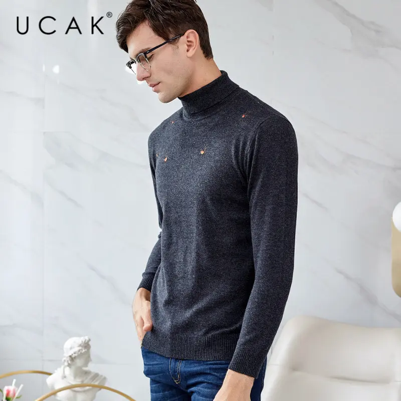 UCAK Brand Merino Wool Sweater Men Autumn Winter Warm Turtleneck Cashmere Pullover Men Streetwear Fashion Young Pull Homme U3049