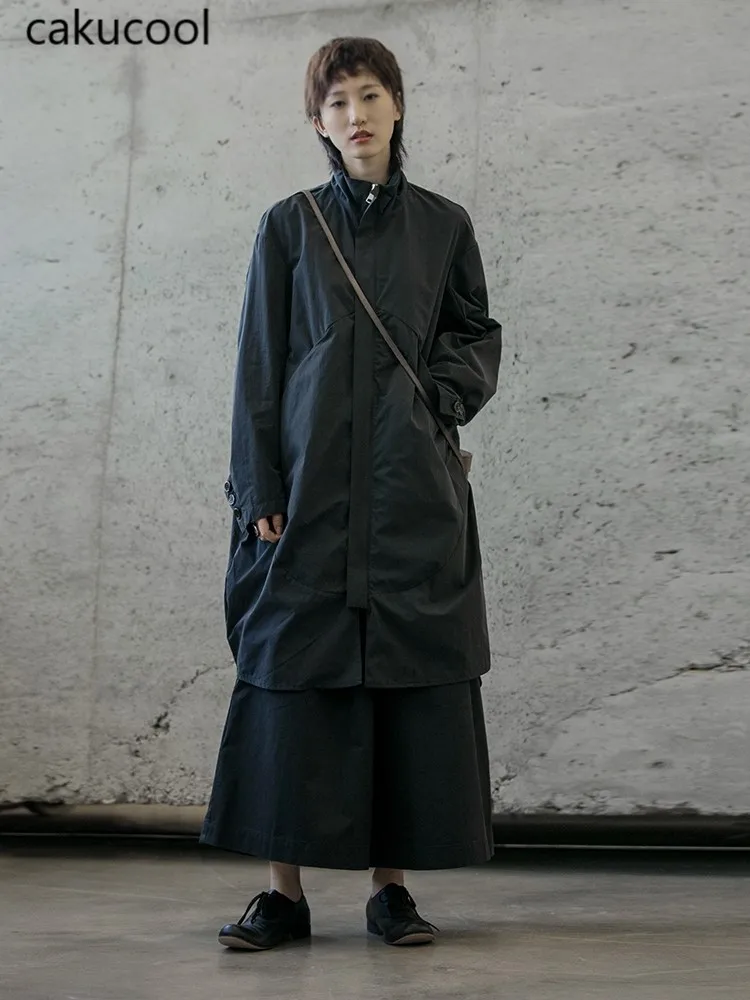 

Cakucool 2019 autumn dark neutral wind arc shape fashion loose long windbreaker jacket men and women coat