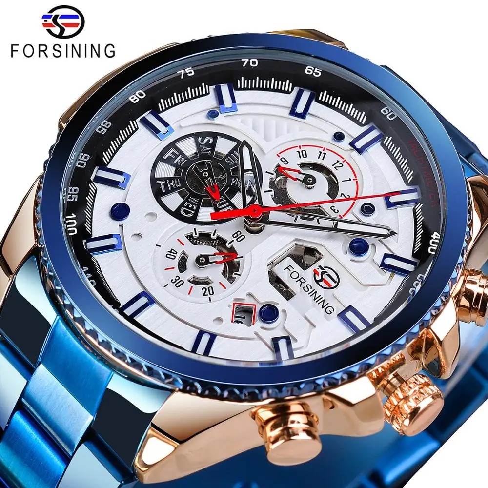 Forsining, три циферблата, календарь, нержавеющая сталь, мужские механические Автоматические наручные часы, лучший бренд, Роскошные, военные, спортивные мужские часы - Цвет: GMT1137-12