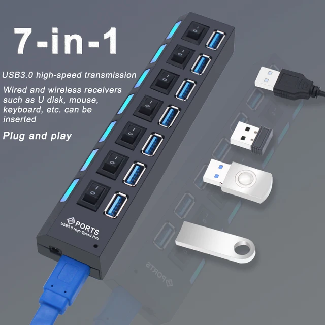 USB Hub 3,0 Hub USB 3 USB 2,0 Multi USB divisor adaptador de corriente 4/7 puertos expansor múltiple 2,0 con interruptor para accesorios de PC 5