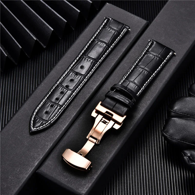 Premium Genuine Leather Watchband with Butterfly Buckle - Elegant Men's Strap Accessory