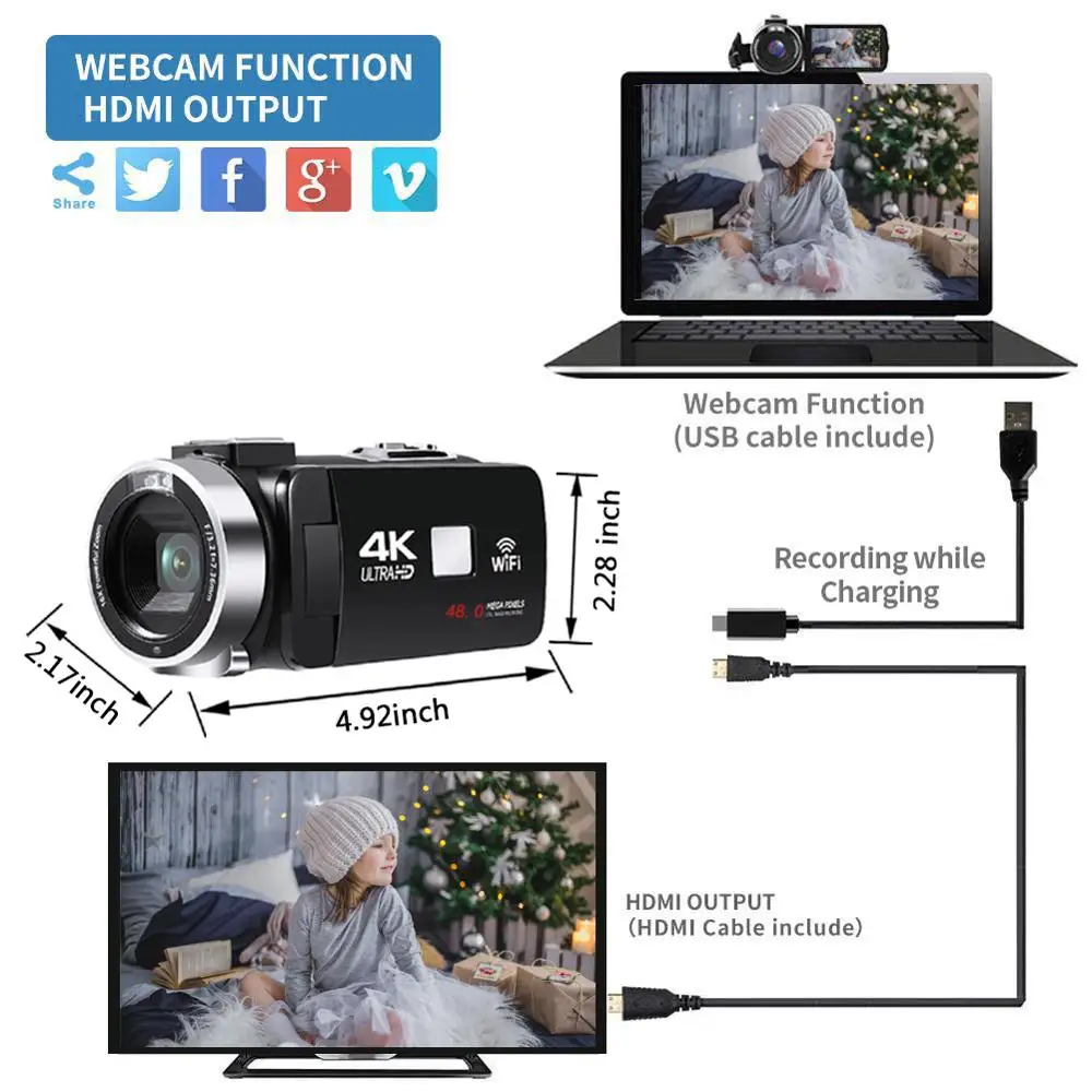 Видеокамера с объективом 4K Wi Fi ночное видение сенсорный ЖК экран 3 0 дюйма