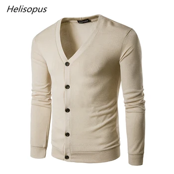 

Helisopus Autumn New Men's Casual Cardigan Sweaters Fashion V-Neck Solid Color High Quality Elastic Men Sweater Knitwear