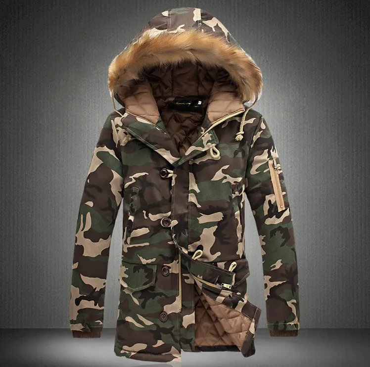 Helisopus, длинная мужская зимняя куртка, теплая, с капюшоном, с меховым воротником, пальто и куртки, камуфляжные, армейские, толстые парки, модные, повседневные пальто - Цвет: Зеленый