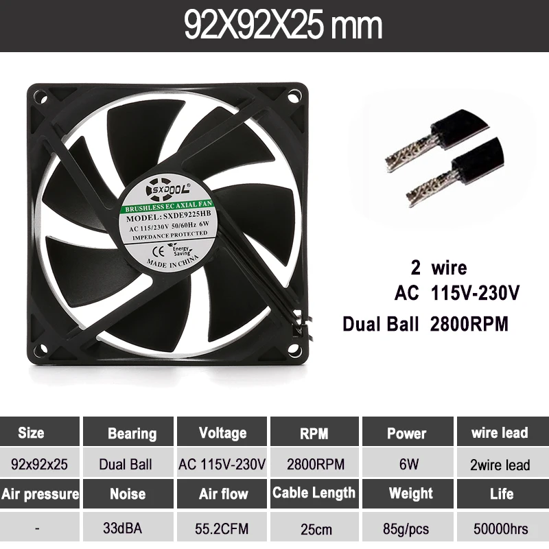 

EC motor 90mm 92mm x 25mm AC 110V 115V 120V 220V 240V Brushless Cooling Fan Large Air Flow Dual Ball Bearing 2800RPM 55.2CFM