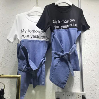 

Korean Women's New 2020 Spring and Summer Letter Printing and Splicing Denim Waistband Top Women's Fake Two Short Sleeves