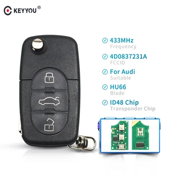 

KEYYOU 433mhz Car Remote Key For Audi A3 A4 A6 A8 RS4 TT Allroad Quattro 4D0837231A Flip Fold Control Key ID48 Chip