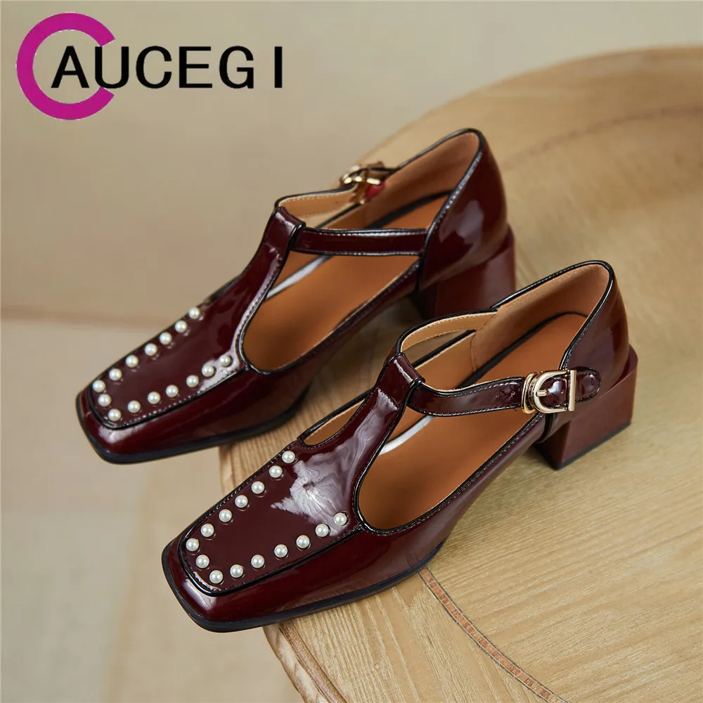 

Aucegi Retro T Strap Patent Leather Women's Block High Heels Square Toe Pearl Pumps Wine Red White Buckle Weddding Dress Shoes