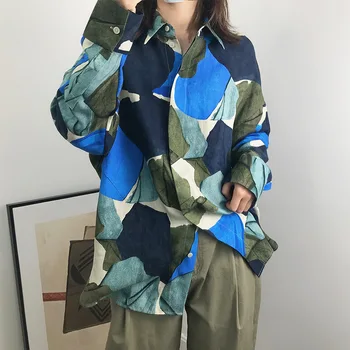 

2020 New Color Patchwork Women's Blouse lady long sleeve turn-down collar abstract print shirt female Buttons blouses and top