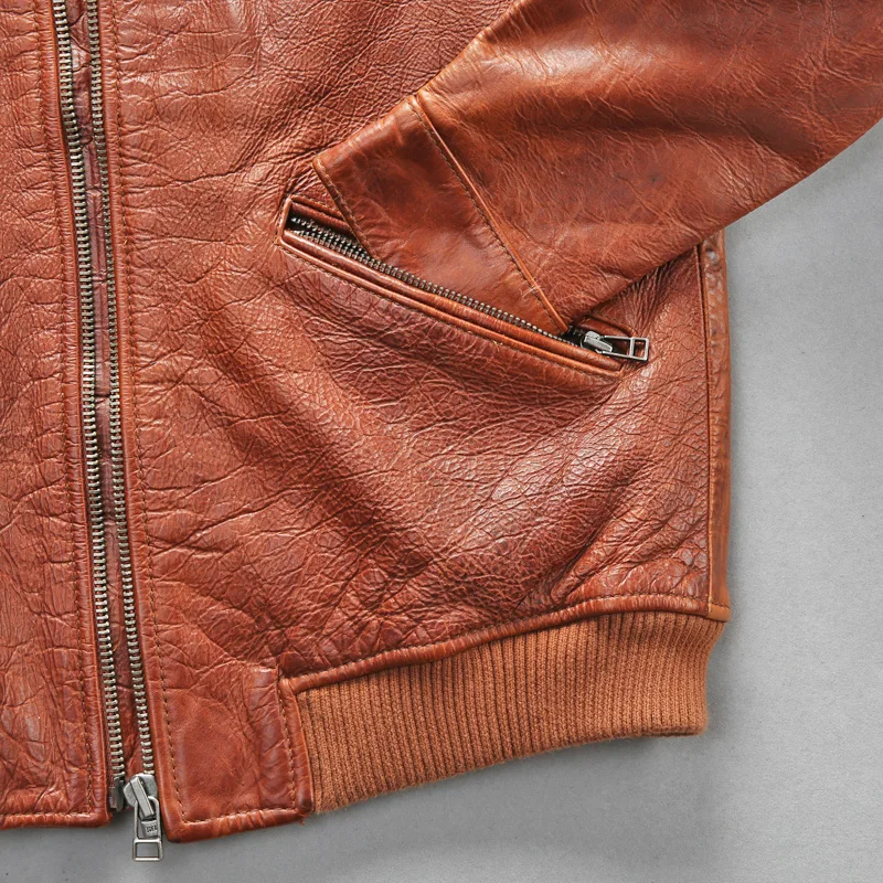 Male Genuine Leather Brown Jacket Simple Vintage Classic Cowskin Motorcycle Rider Jacket for Male European American Style Coat