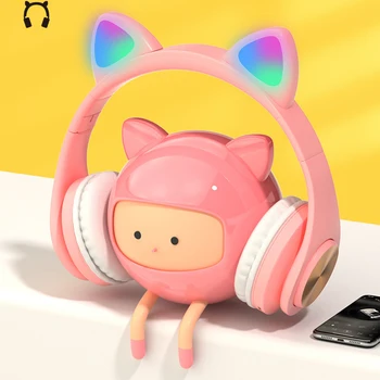 

NEW LED Cat Ear Wireless Headphones Metallic feel Earmuffs Headset Bluetooth 5.0 Kids Headset Support TF Card With Microphones