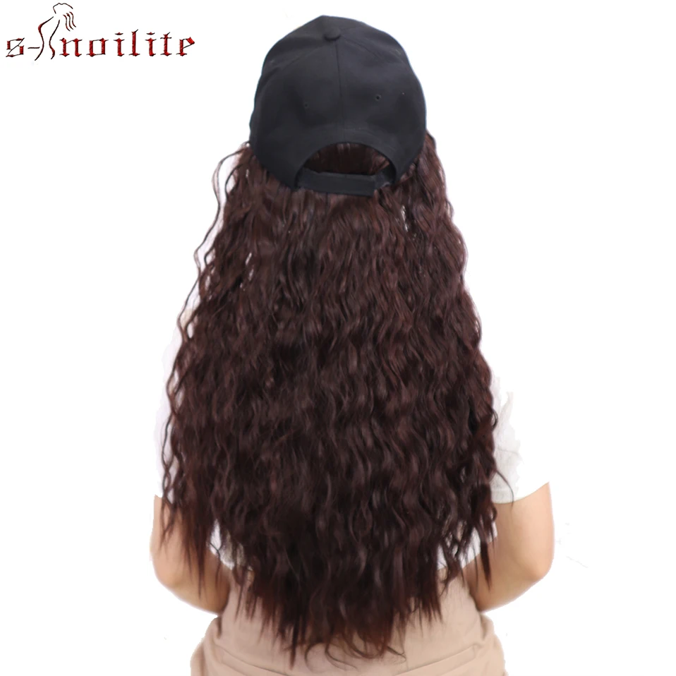 

SNOILITE 18'' Water Wave Hair Extension With Black Cap Baseball Hat Cap With Long Synthetic Extension Hair For Women Party