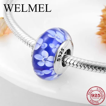 

New 925 Sterling Silver pleasant white Flowers poetry Lampwork Charms Murano Glass Beads Fit Original Pandora Charm Bracelet
