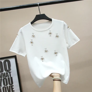 

Knitting T-shirt Woman 2020 Summer New Round Neck Embroidered Bee Fashion Trend Loose Short-Sleeved T-shirt Knitted Shirt Femme