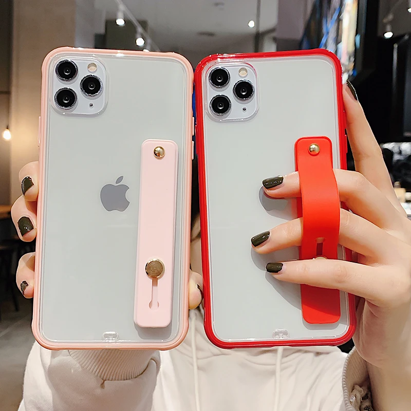 

Silicone Shockproof Bumper Clear Phone Case For iPhone 11Pro Max X XR XS Max 8 7 6 6S Plus Soft TPU Wrist strap stand Back Cover