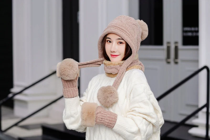 Новая вязаная зимняя шапка, шарф, перчатки, набор для женщин, толстая теплая Модная шапка для женщин, подарок