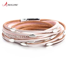 Amorcome кожаные браслеты для женщин браслеты и браслеты в виде листа очаровательные Многослойные браслеты в богемном стиле ювелирный женский браслет подарок