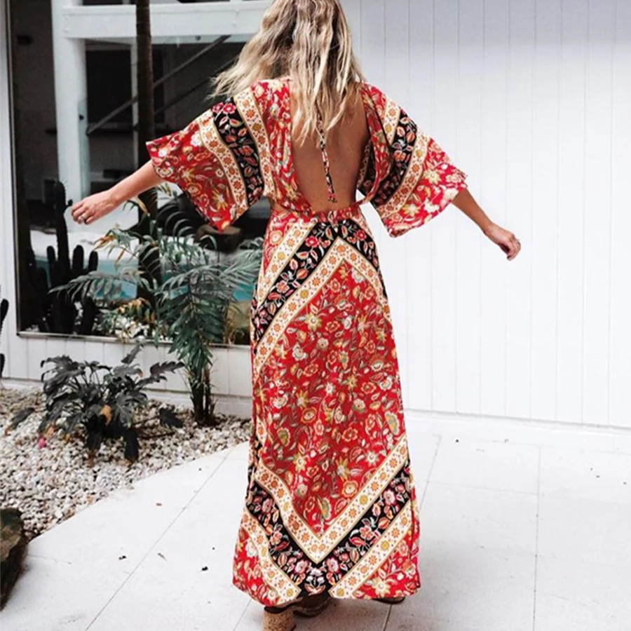 Women's Backless Mini Dress - V-Neck Spaghetti Strap Boho Summer Dress - View #4