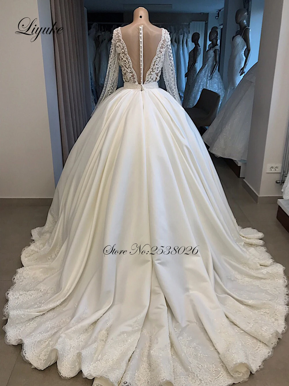 Liyuke Real Photos A Line Wedding Dress Ivory Satin Skirt Full Sleeve  Bling Bling Plearls Bridal Dress 4